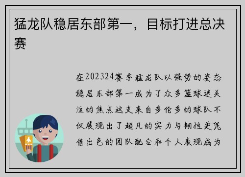 猛龙队稳居东部第一，目标打进总决赛
