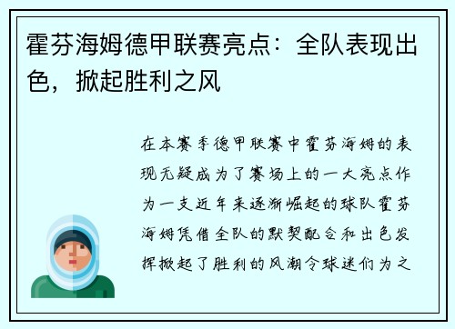 霍芬海姆德甲联赛亮点：全队表现出色，掀起胜利之风
