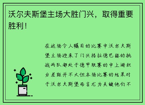 沃尔夫斯堡主场大胜门兴,取得重要胜利! 沃尔夫斯堡主场大胜门兴,取得重要胜利!